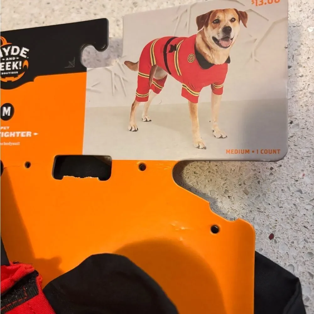 Red Firefighter Costume with Yellow Stripes for medium size dog
